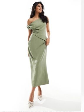 ASOS One-Shoulder Olive Green Midi Dress